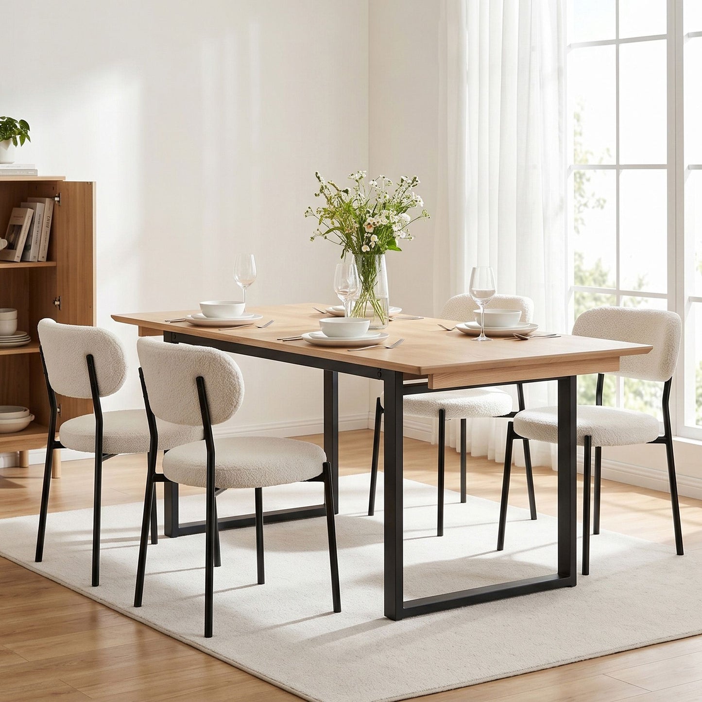 5-Piece Breno White Dining Table & Chair Set 200cm Extendable Table Sherpa