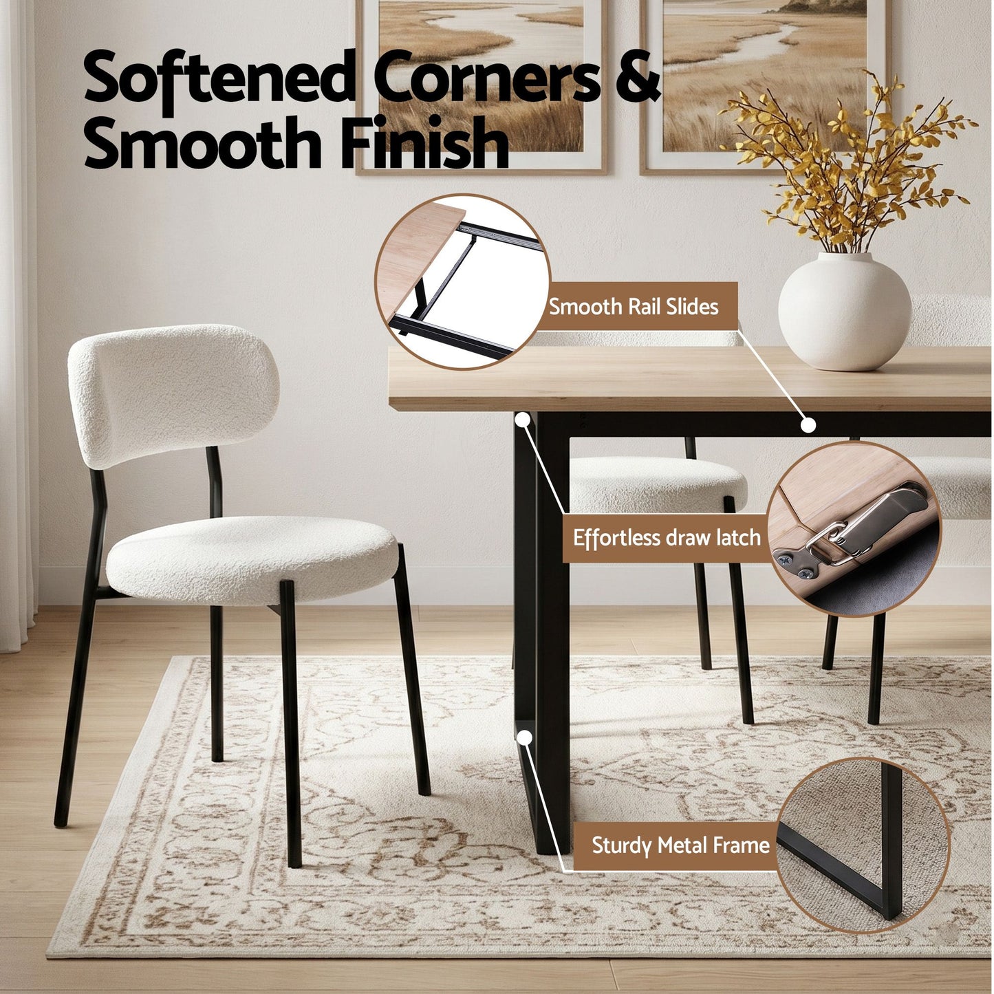 5-Piece Breno White Dining Table & Chair Set 200cm Extendable Table Sherpa