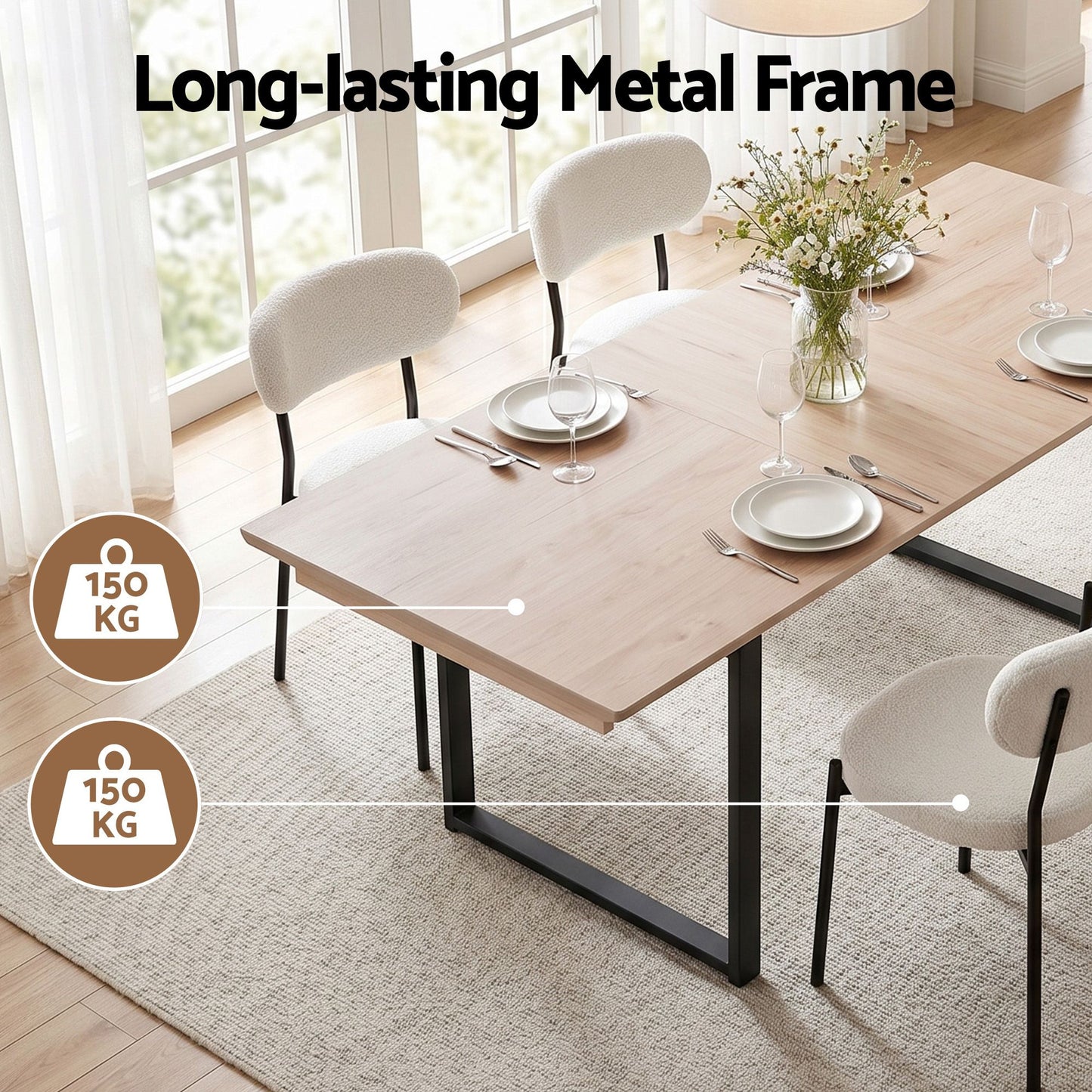 5-Piece Breno White Dining Table & Chair Set 200cm Extendable Table Sherpa