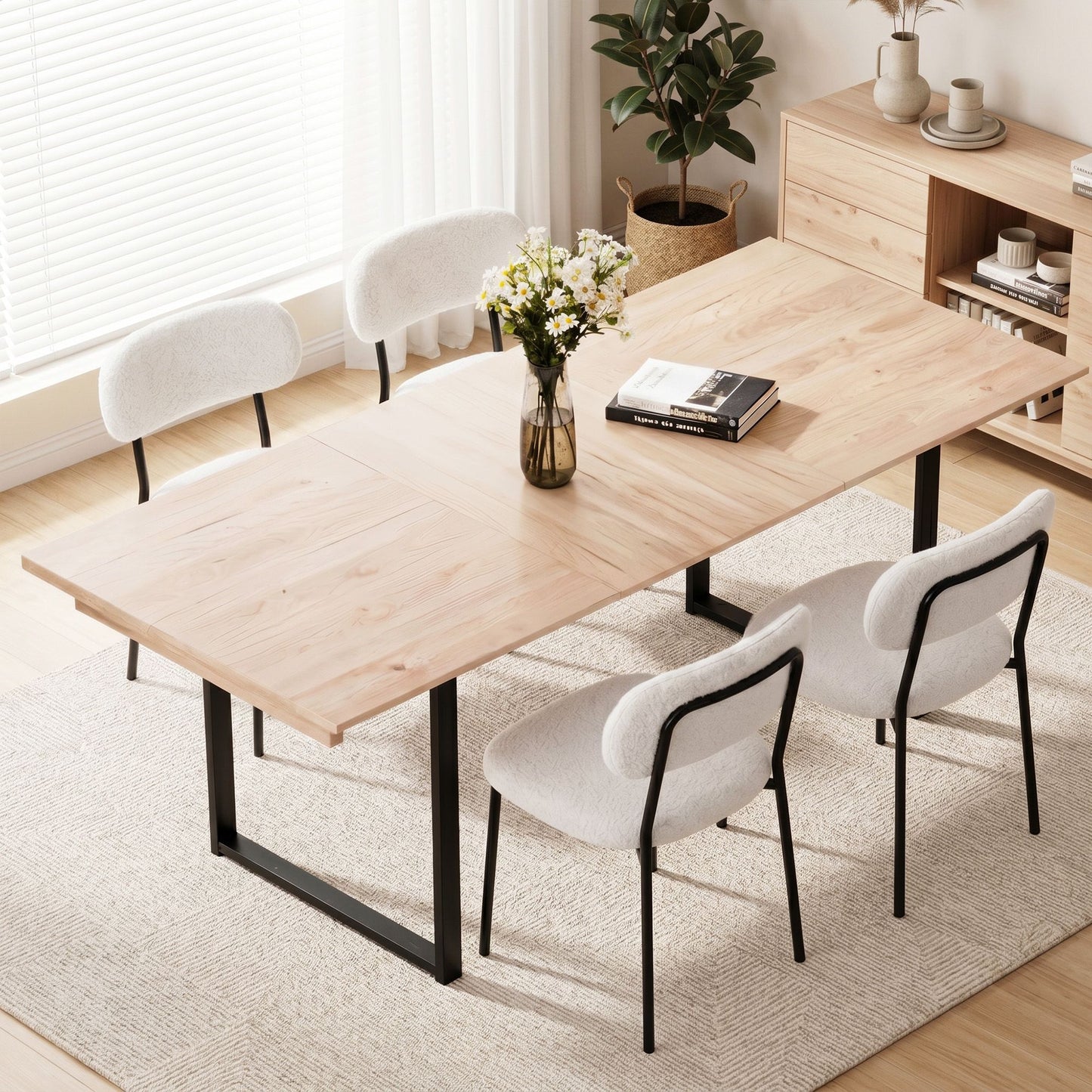 5-Piece Breno White Dining Table & Chair Set 200cm Extendable Table Sherpa