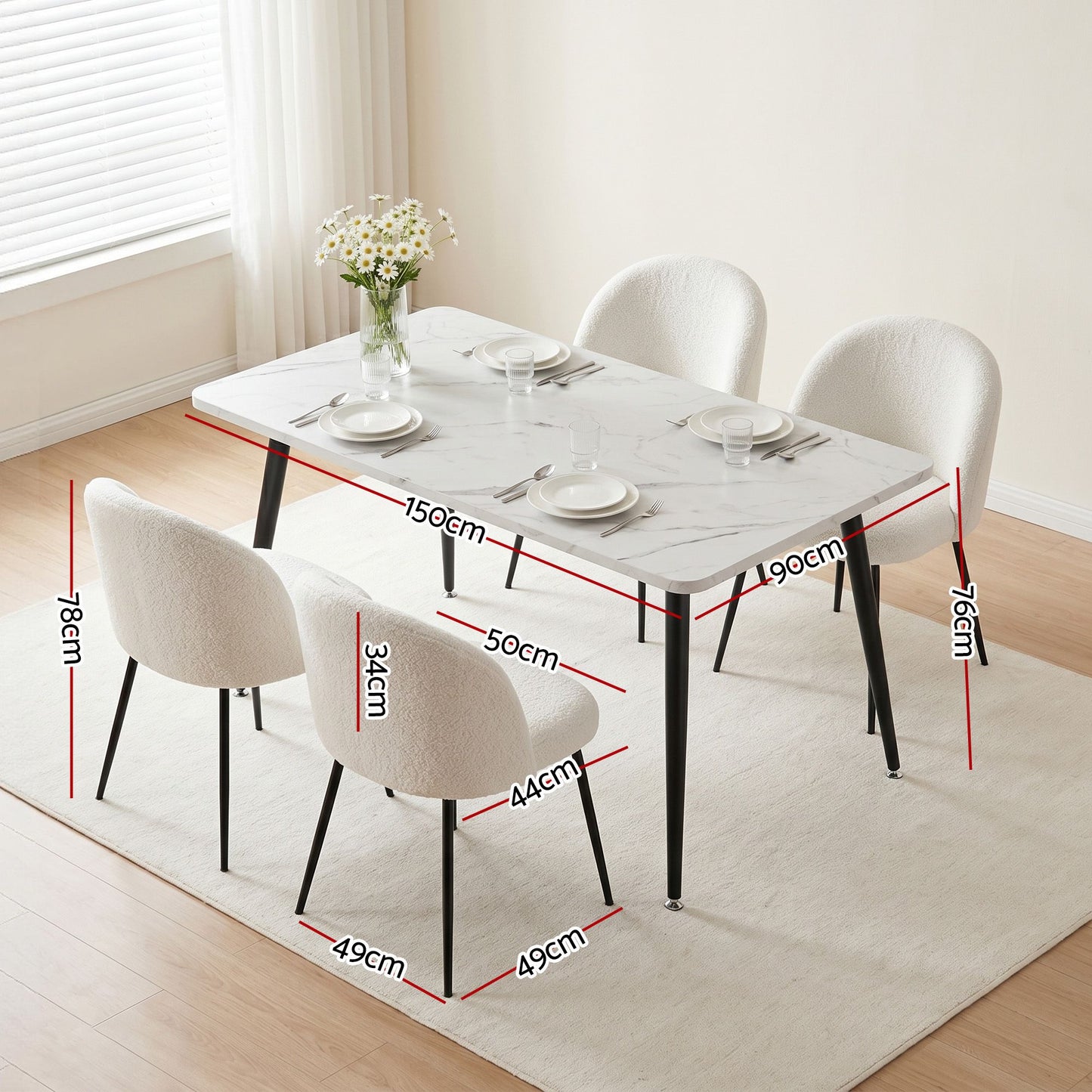 5-Piece Paride White Dining Table & Chair Set Marble Style