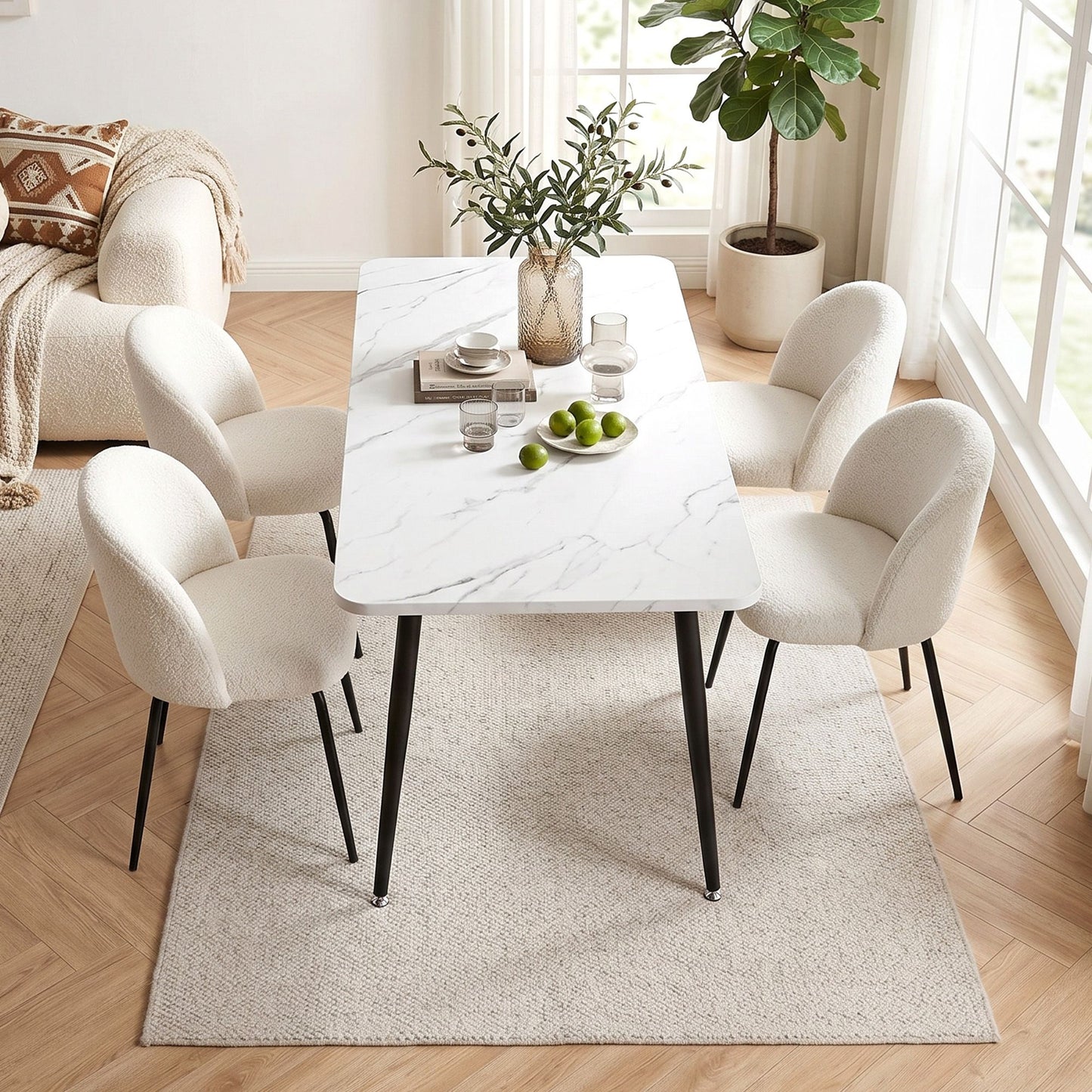 5-Piece Paride White Dining Table & Chair Set Marble Style