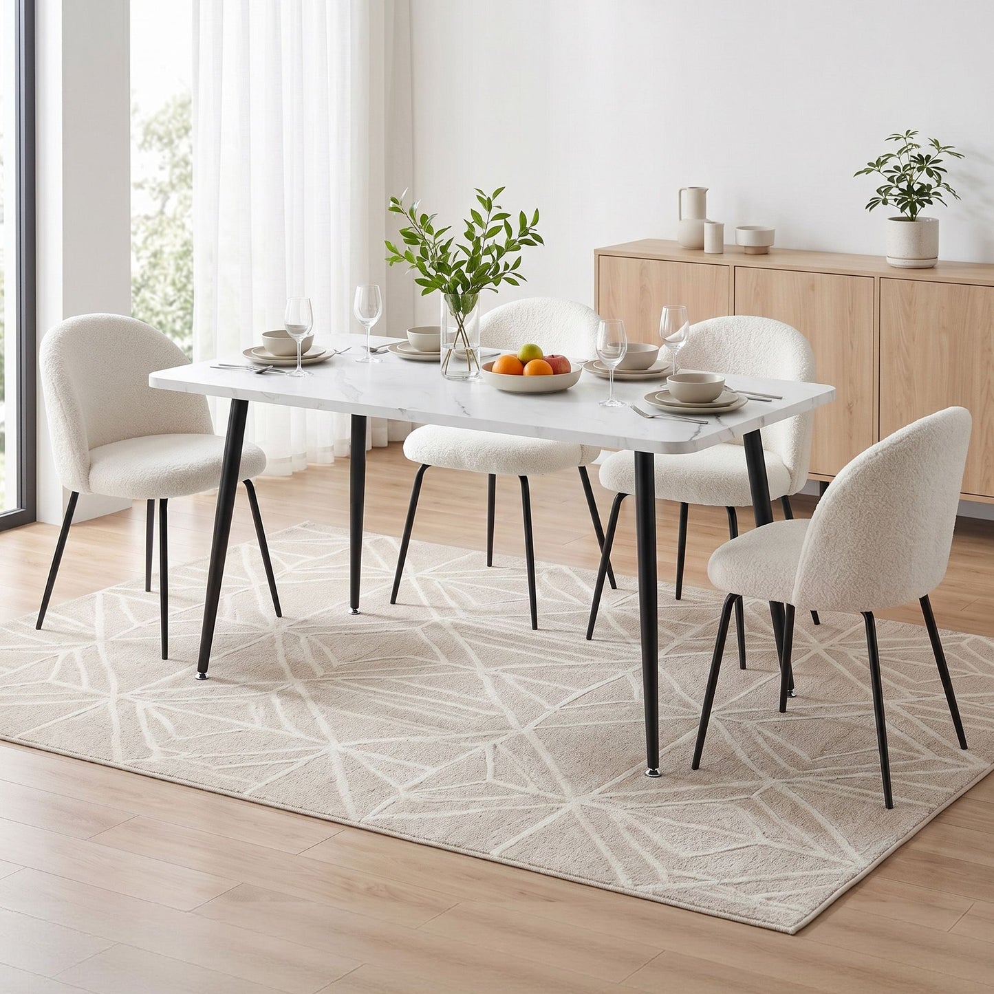 5-Piece Paride White Dining Table & Chair Set Marble Style