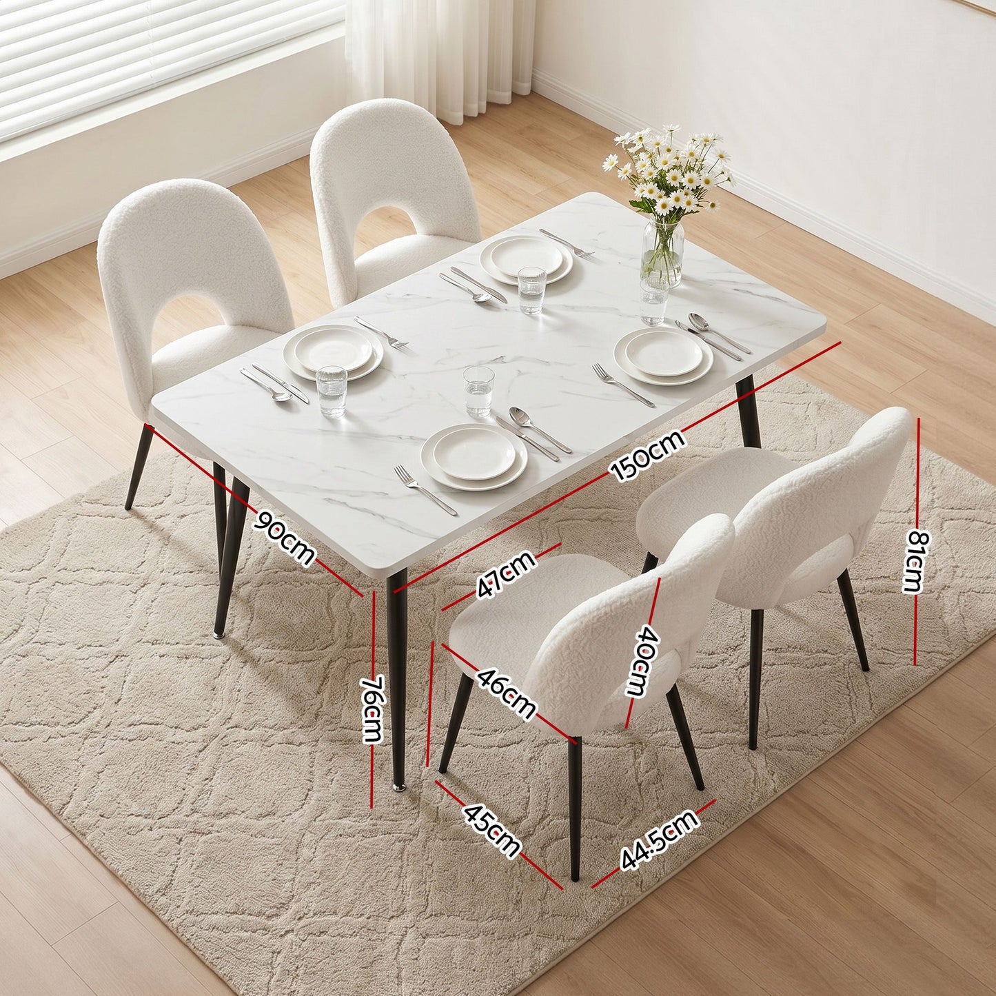 5-Piece Elpid White Dining Table & Chair Set Kitchen Furniture Marble