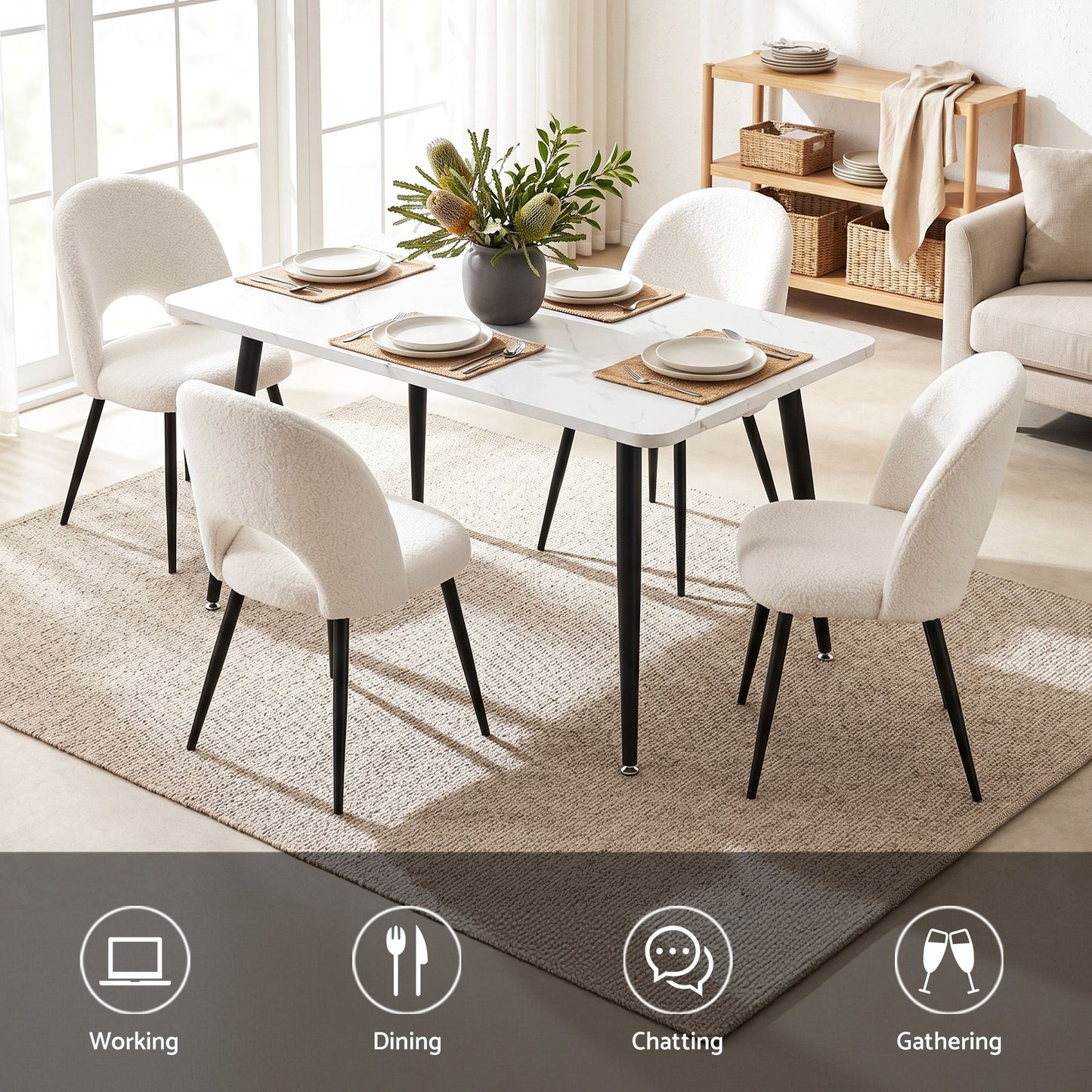 5-Piece Elpid White Dining Table & Chair Set Kitchen Furniture Marble