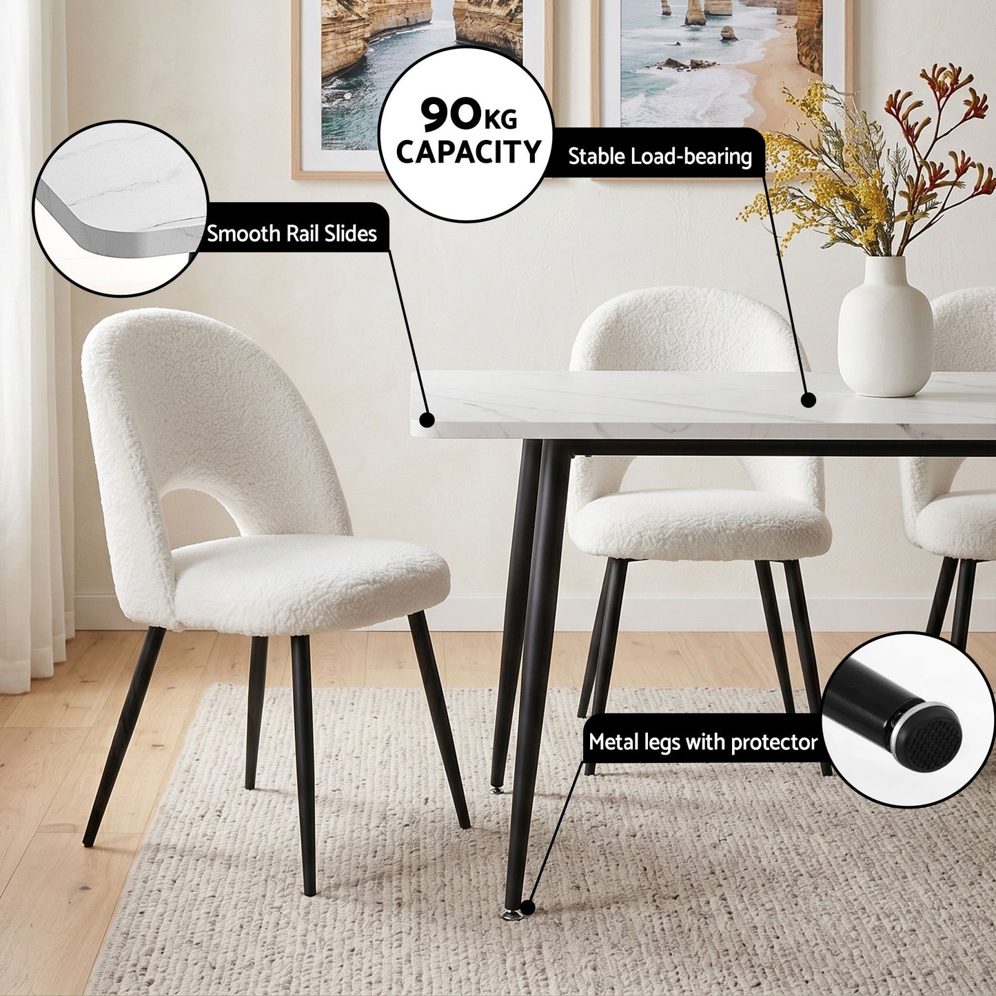 5-Piece Elpid White Dining Table & Chair Set Kitchen Furniture Marble