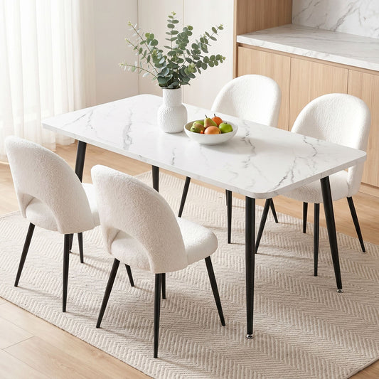 5-Piece Elpid White Dining Table & Chair Set Kitchen Furniture Marble