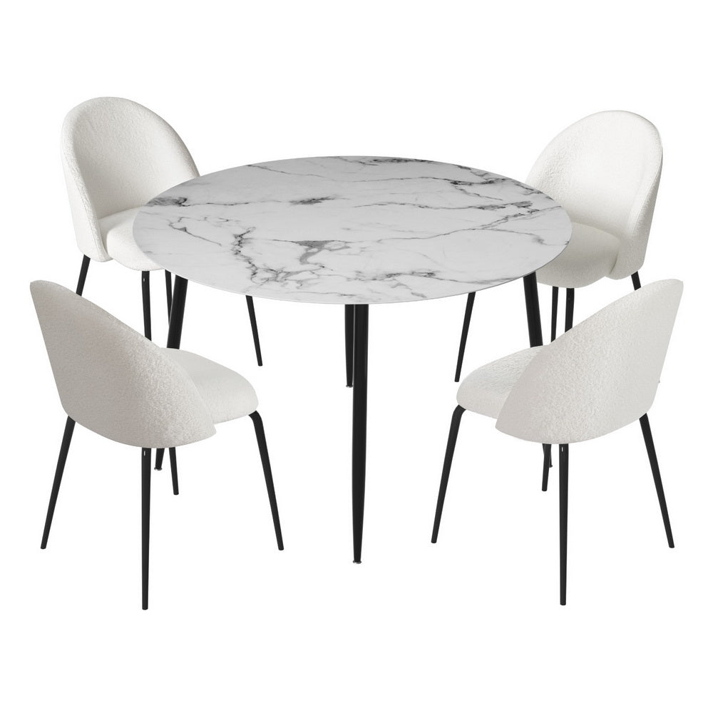 5-Piece Mirko White Dining Table & Chair Set Marble
