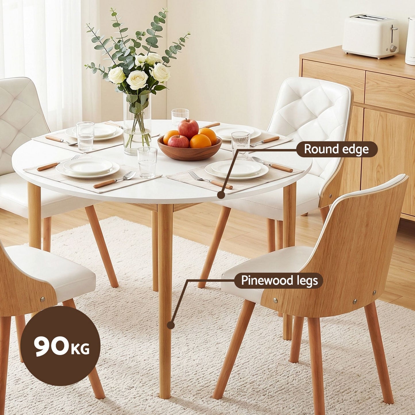 5-Piece Valdo White Dining Table & Chair Set PU Leather Seater