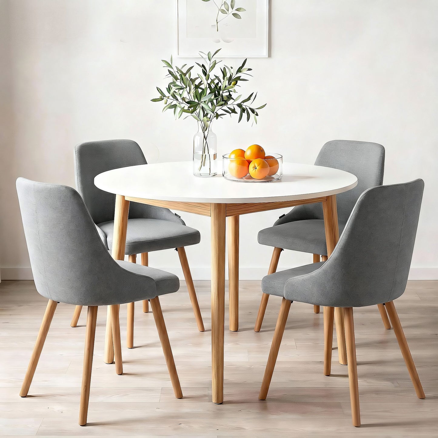 5-Piece Silio White, Natural Wood and Grey Dining Table & Chair Set Compact Kitchen Furniture