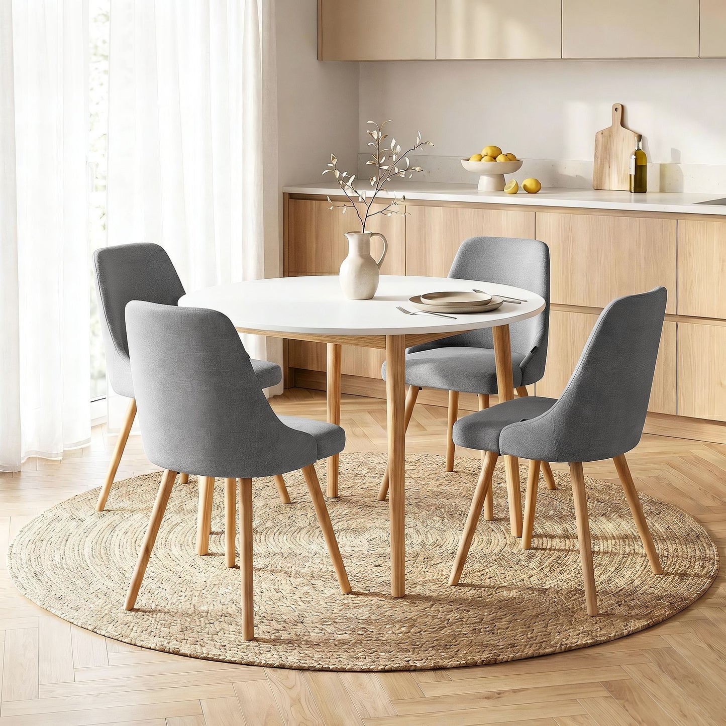 5-Piece Silio White, Natural Wood and Grey Dining Table & Chair Set Compact Kitchen Furniture