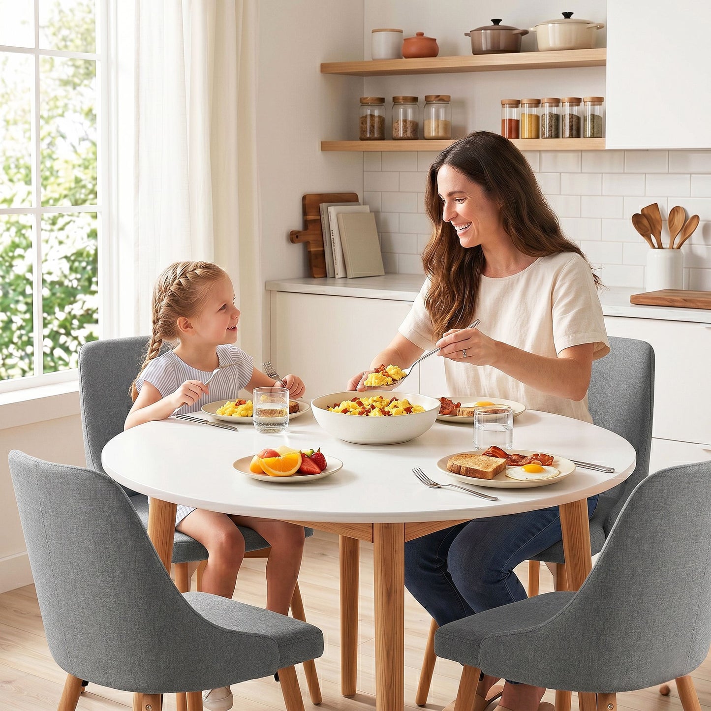 5-Piece Silio White, Natural Wood and Grey Dining Table & Chair Set Compact Kitchen Furniture