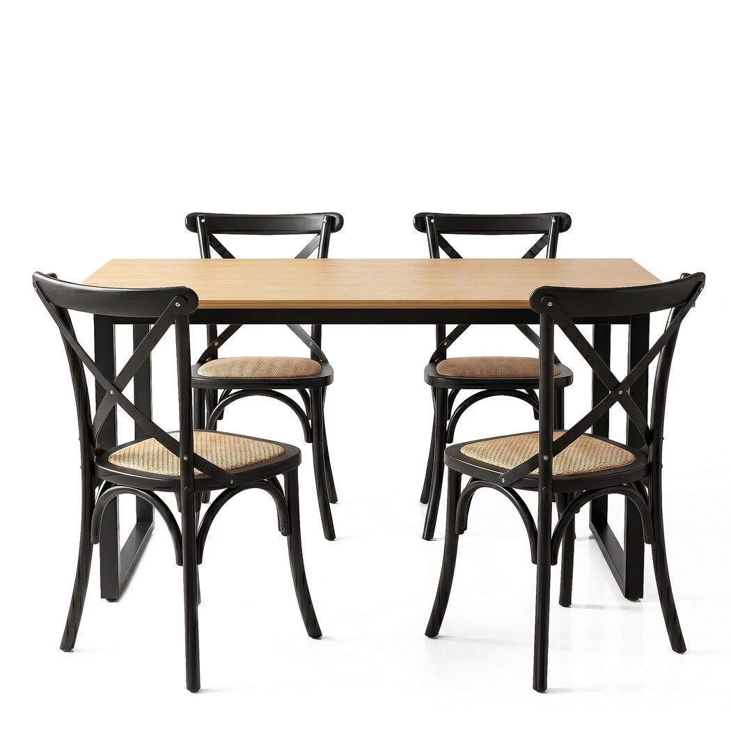 5-Piece Elias Dining Table and Chairs Set Industrial 4 Black Rattan Chairs