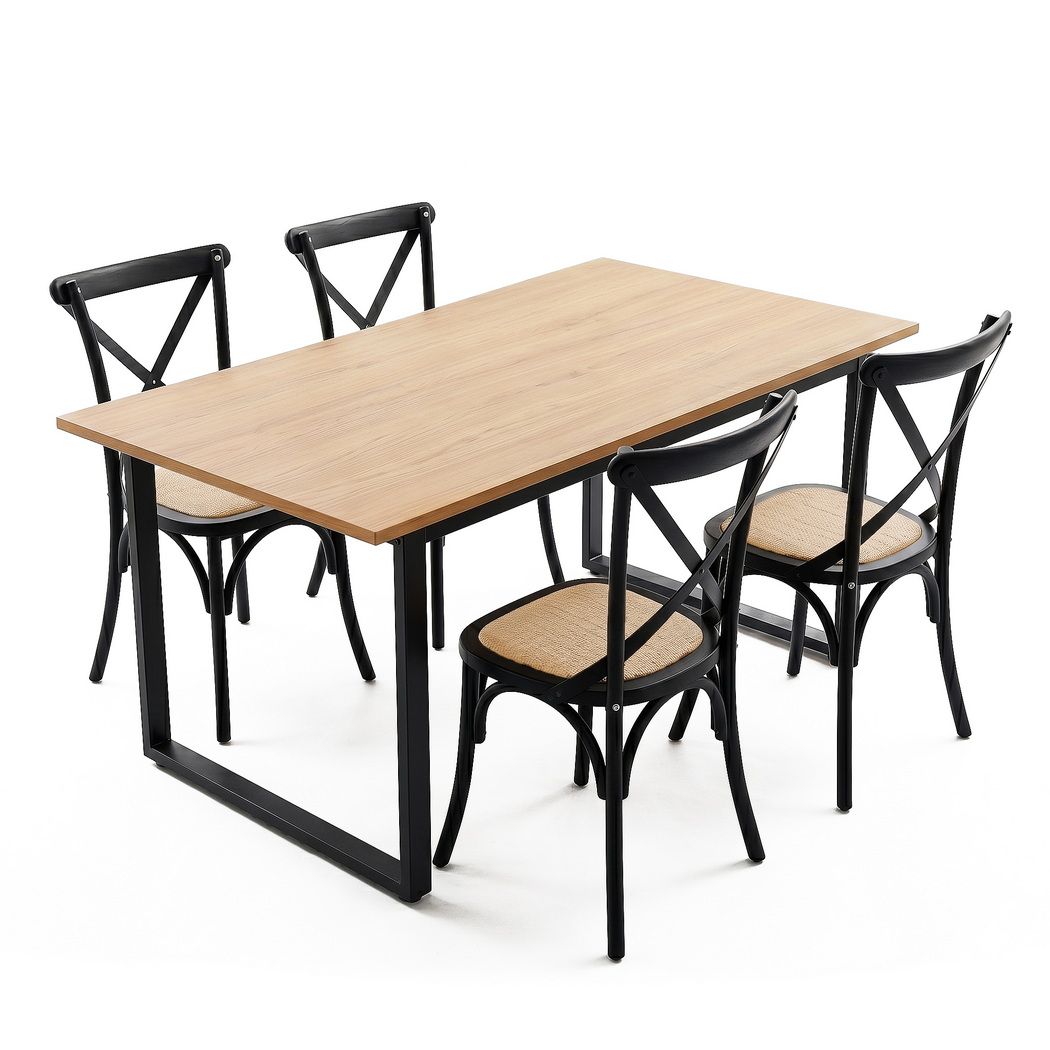 5-Piece Elias Dining Table and Chairs Set Industrial 4 Black Rattan Chairs