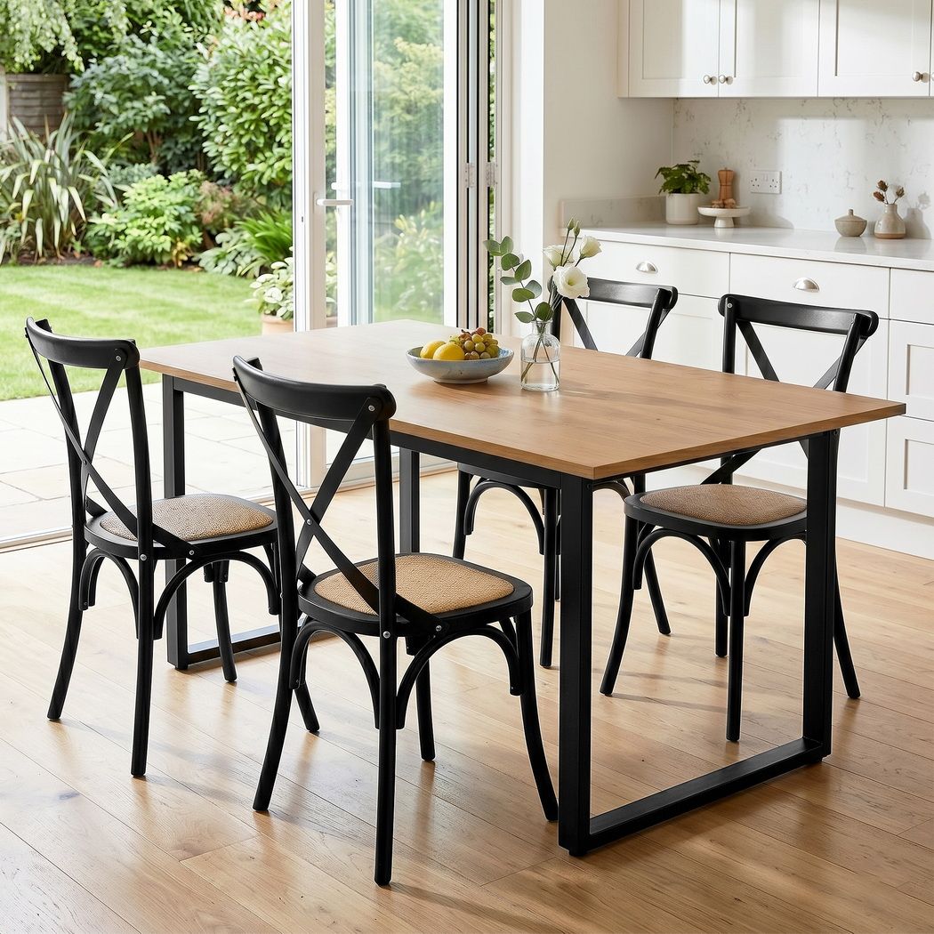 5-Piece Elias Dining Table and Chairs Set Industrial 4 Black Rattan Chairs