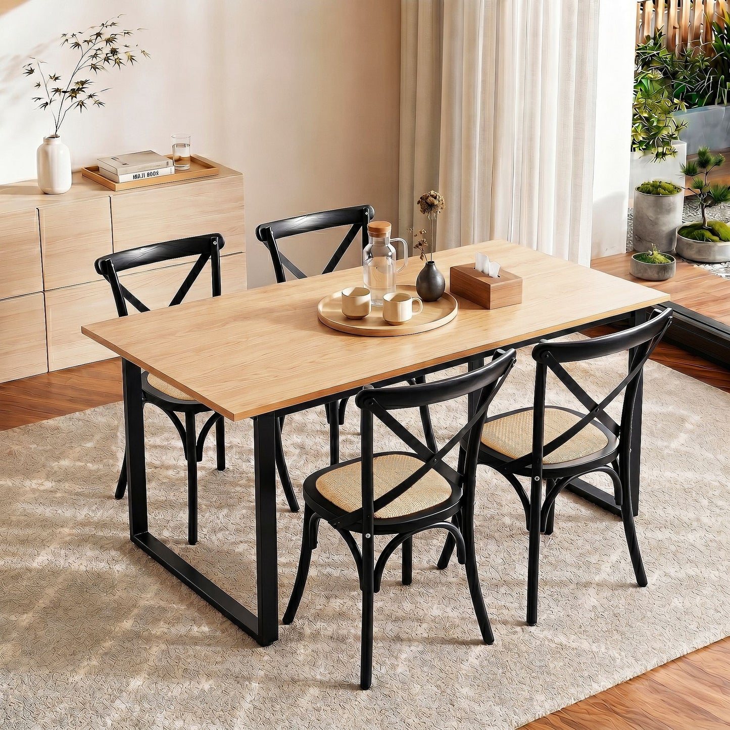 5-Piece Elias Dining Table and Chairs Set Industrial 4 Black Rattan Chairs