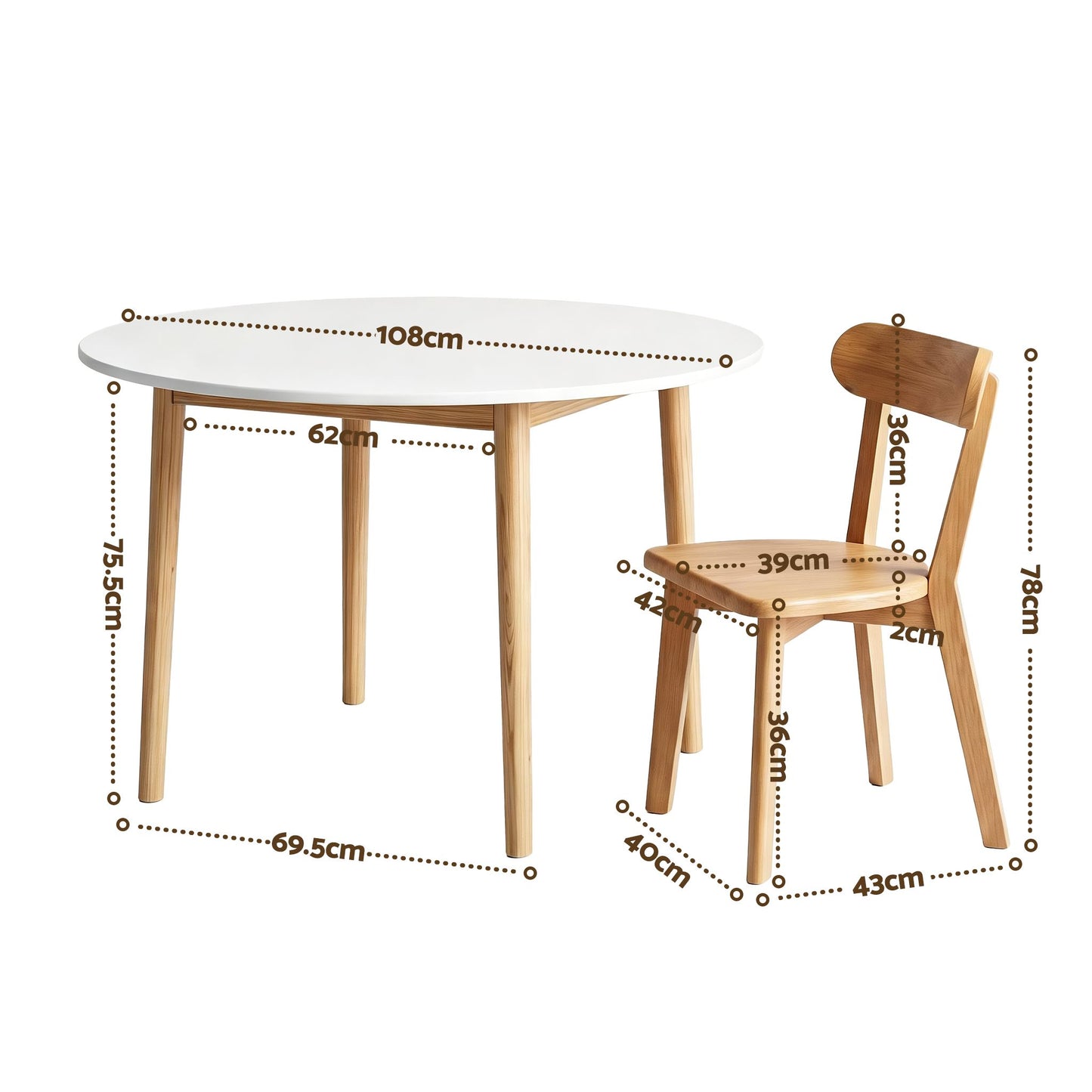 5-Piece Ubalo White and Pine Dining Table & Chair Set 108cm Compact Kitchen Table Set