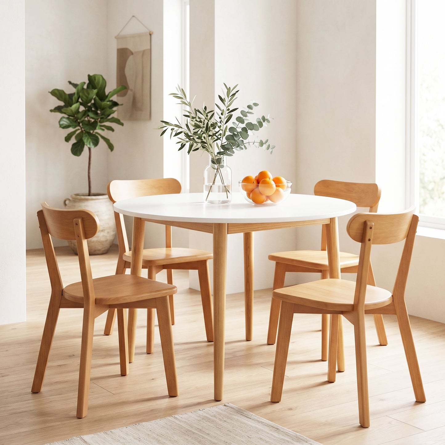 5-Piece Ubalo White and Pine Dining Table & Chair Set 108cm Compact Kitchen Table Set