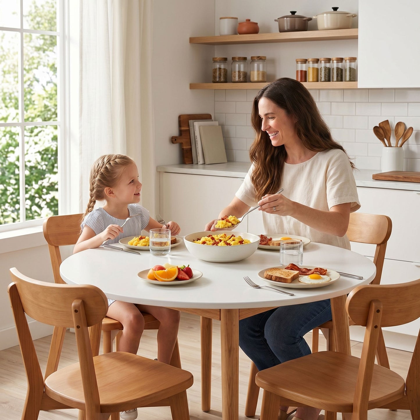 5-Piece Ubalo White and Pine Dining Table & Chair Set 108cm Compact Kitchen Table Set