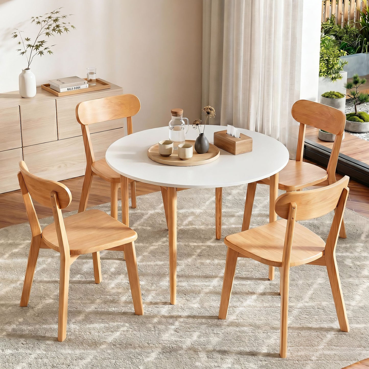 5-Piece Ubalo White and Pine Dining Table & Chair Set 108cm Compact Kitchen Table Set