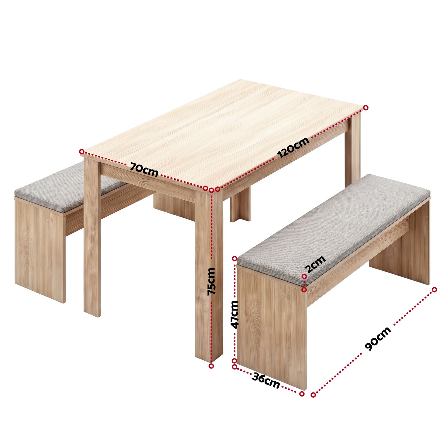 3-Piece Titoo Oak Dining Table & Chair Set 120cm Wooden