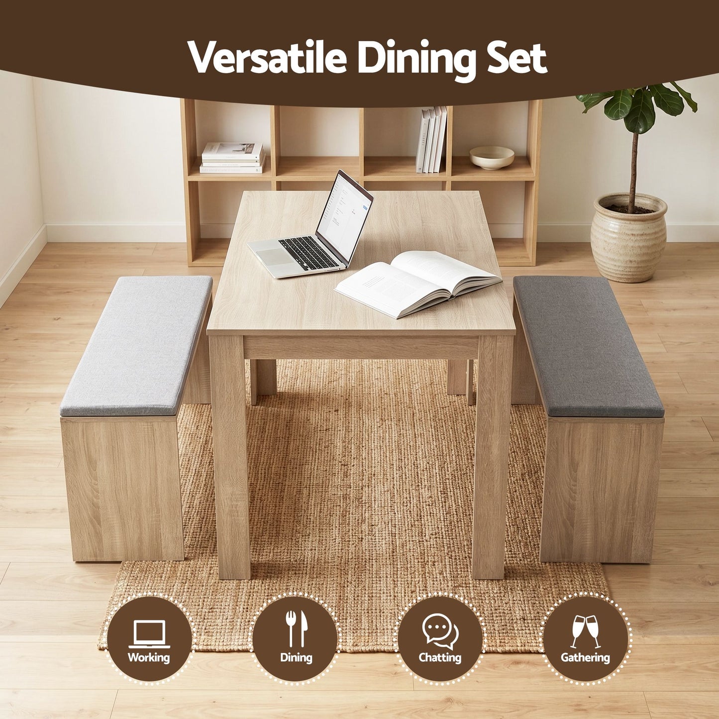 3-Piece Titoo Oak Dining Table & Chair Set 120cm Wooden