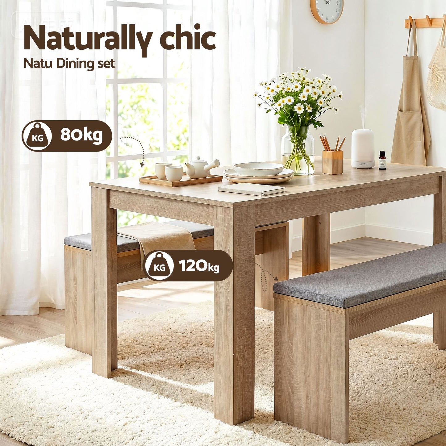 3-Piece Titoo Oak Dining Table & Chair Set 120cm Wooden