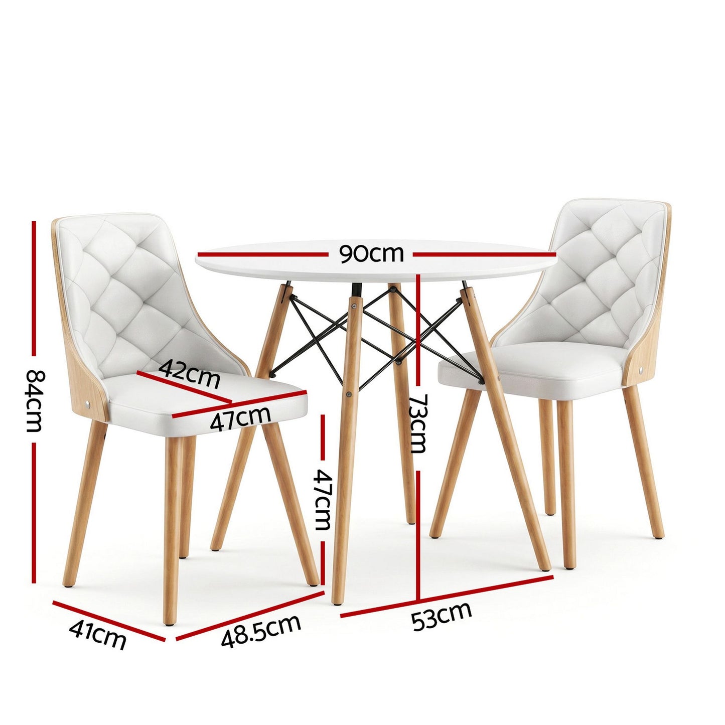 3-Piece Tadde White Dining Table & Chair Set 90cm Round