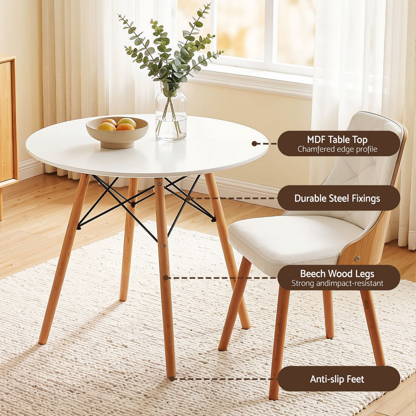 3-Piece Tadde White Dining Table & Chair Set 90cm Round
