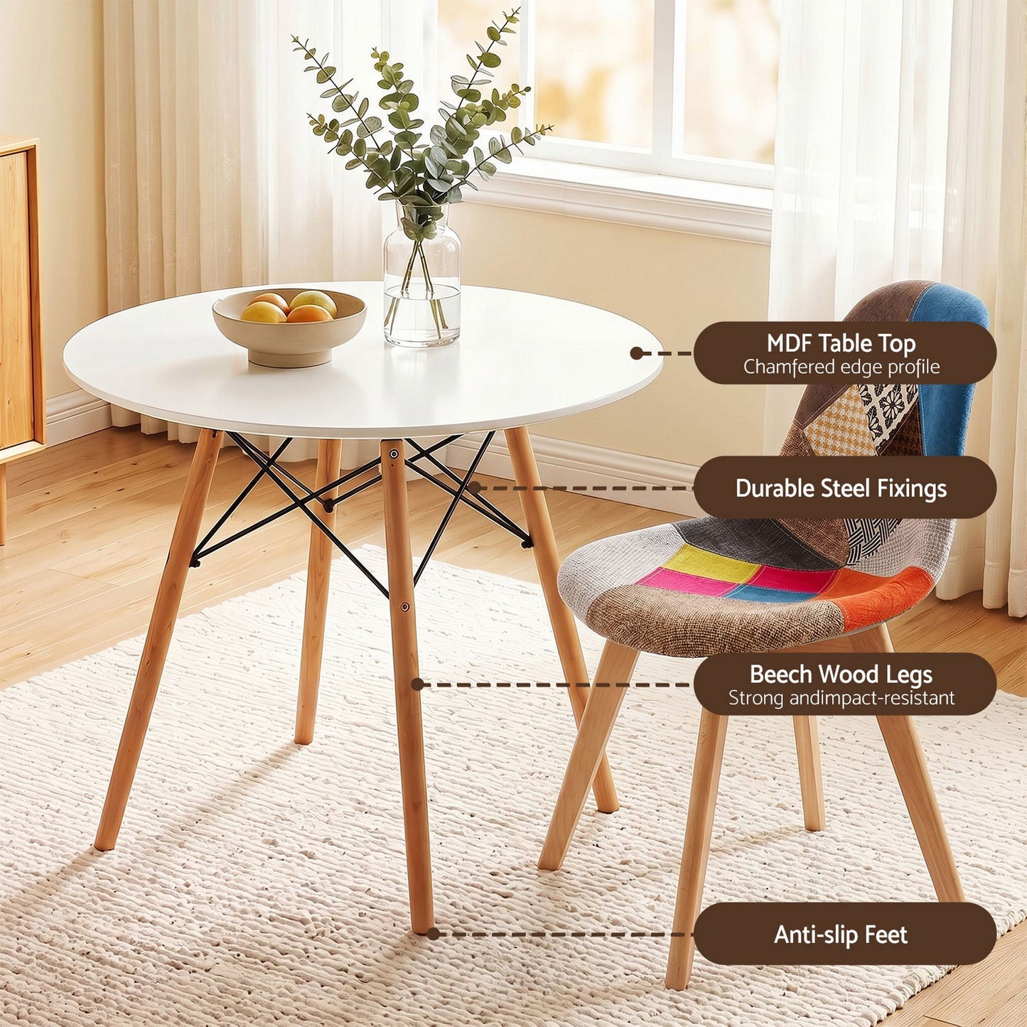 3-Piece Tizia White Dining Table & Chair Set Round