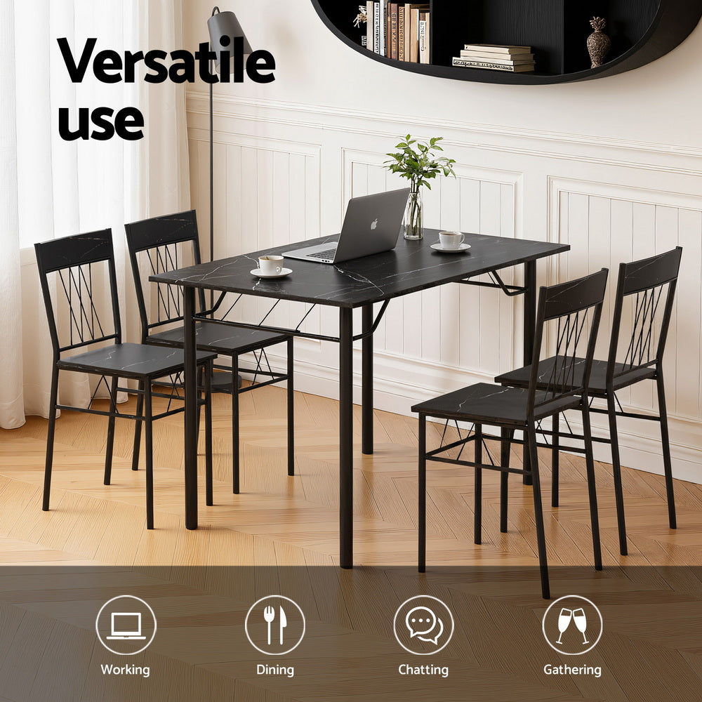 5-Piece Eglea Black Dining Table & Chair Set Compact Kitchen Furniture Marble