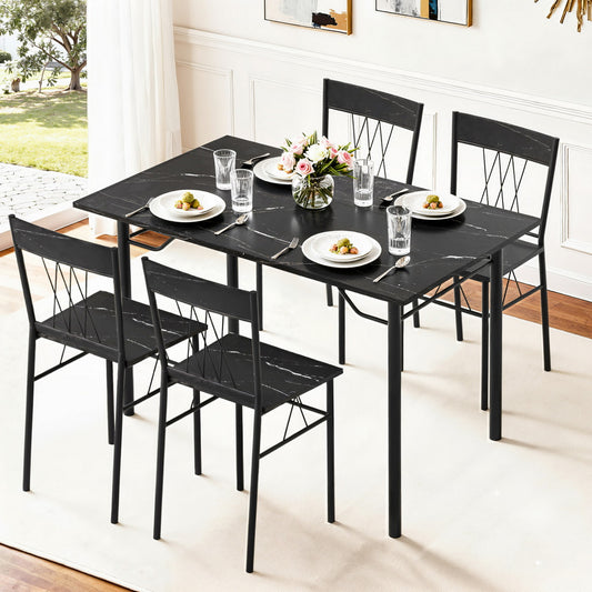 5-Piece Eglea Black Dining Table & Chair Set Compact Kitchen Furniture Marble