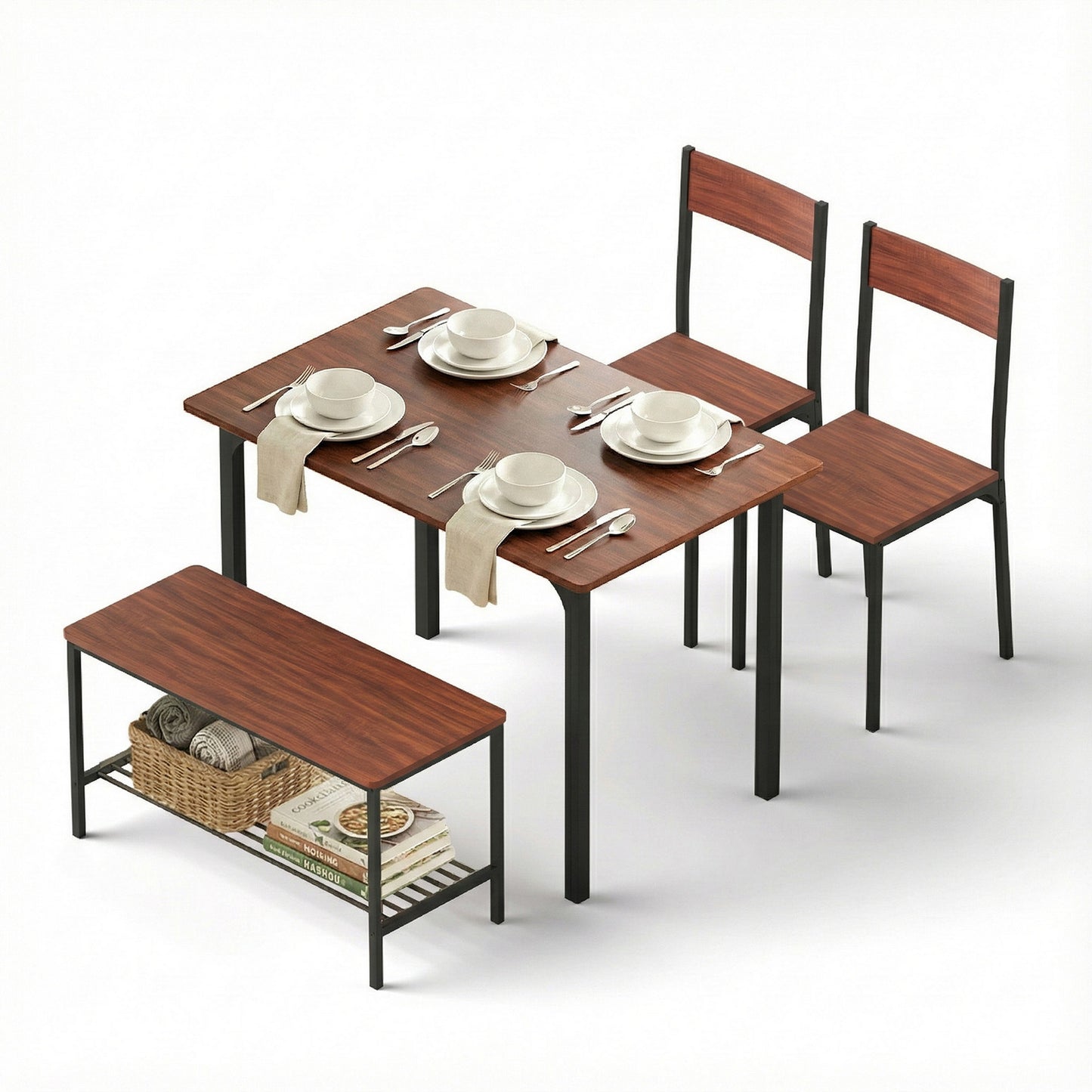 4-Piece Gilda Walnut Dining Table & Chair Set Storage Bench Kitchen Furniture