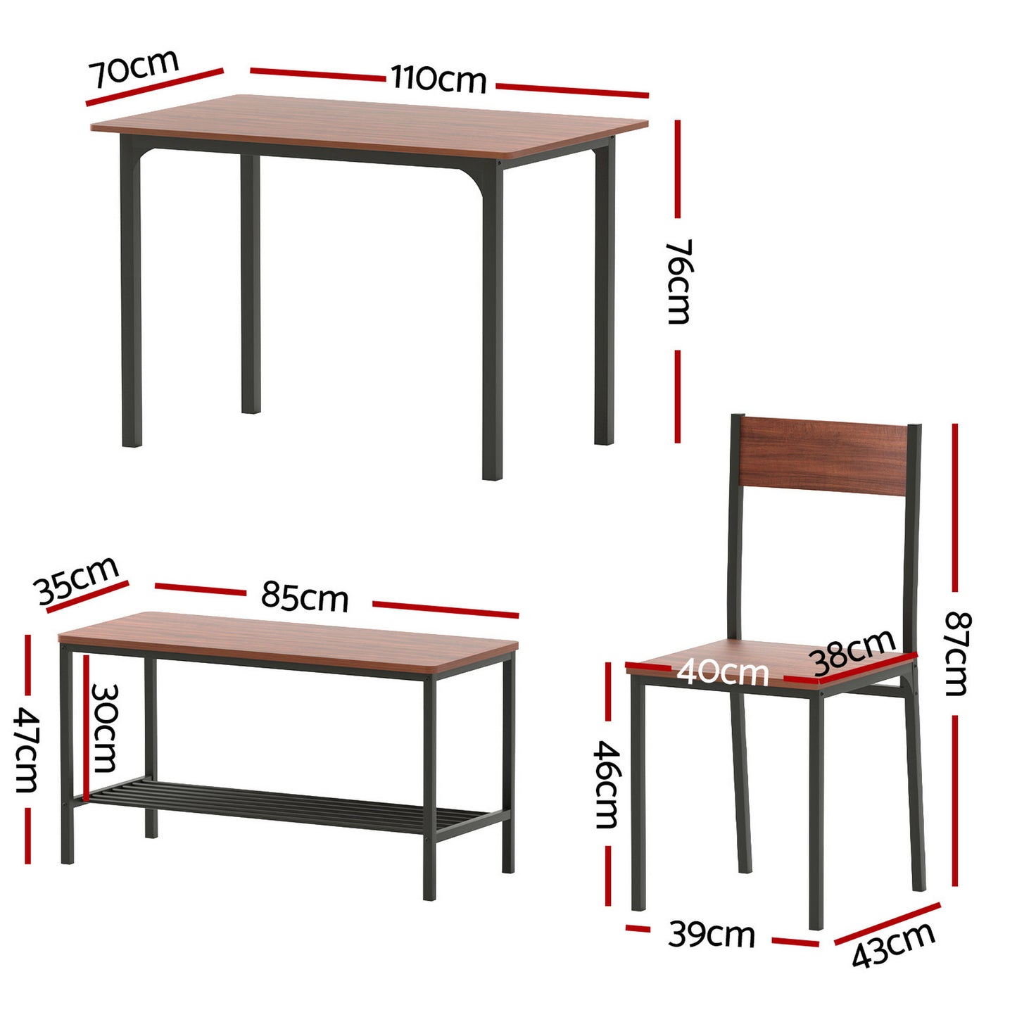 4-Piece Gilda Walnut Dining Table & Chair Set Storage Bench Kitchen Furniture
