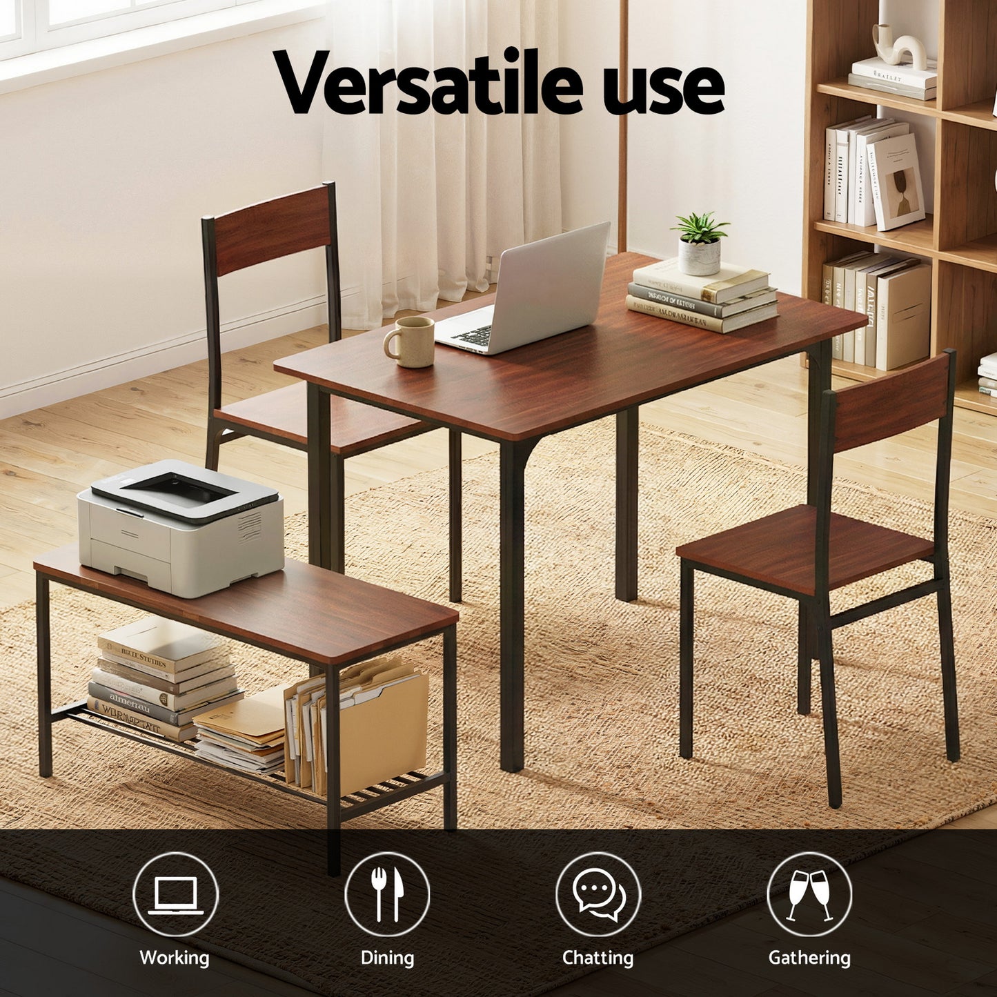 4-Piece Gilda Walnut Dining Table & Chair Set Storage Bench Kitchen Furniture