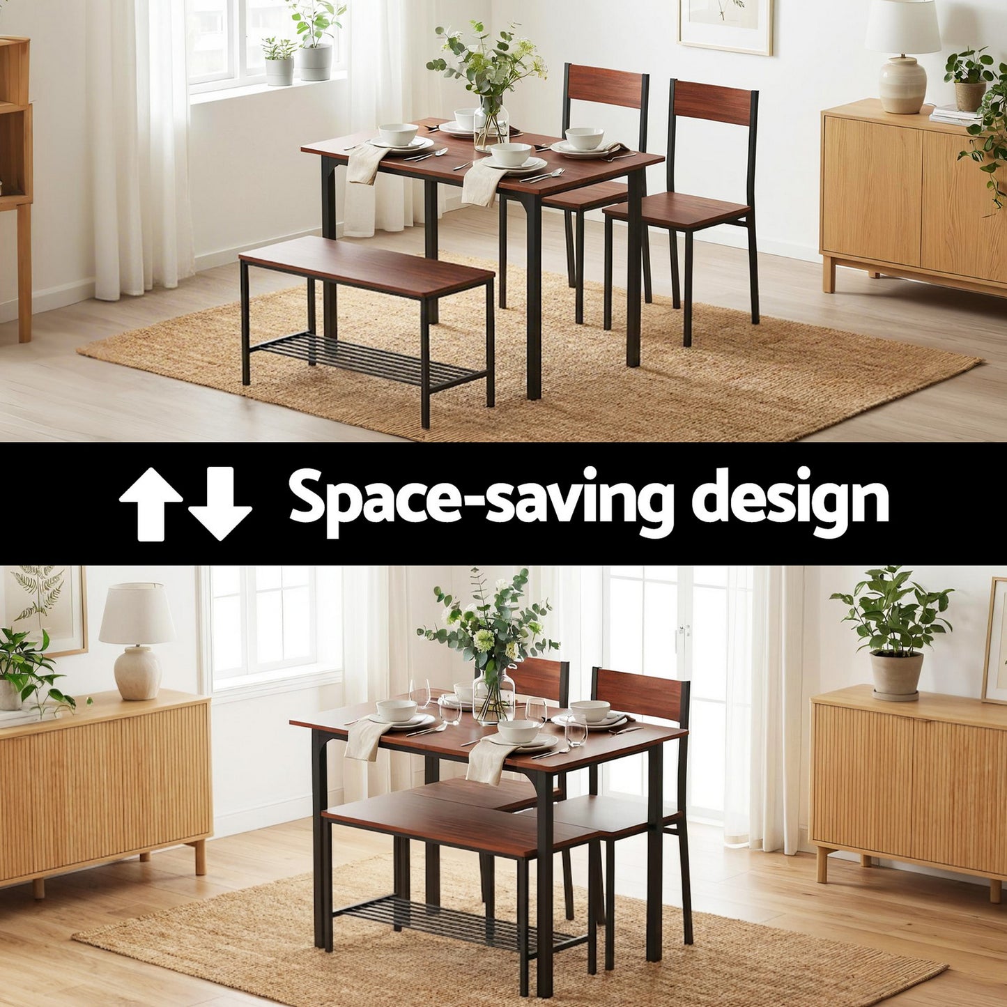 4-Piece Gilda Walnut Dining Table & Chair Set Storage Bench Kitchen Furniture