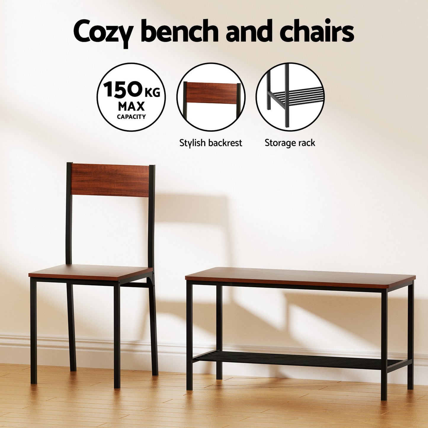 4-Piece Gilda Walnut Dining Table & Chair Set Storage Bench Kitchen Furniture