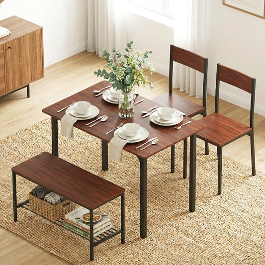 4-Piece Gilda Walnut Dining Table & Chair Set Storage Bench Kitchen Furniture