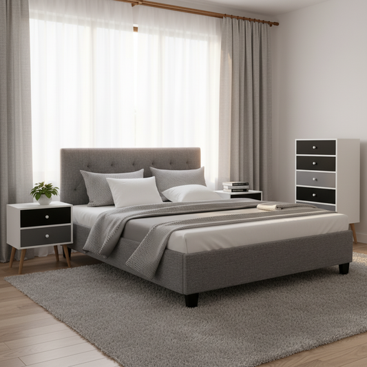 Derry Double Bedroom Suite 5 Piece 1x Double Mattress, 1x Double Bed Frame Fabric, 2x Two-tone Bedside Tables and 1x Tallboy