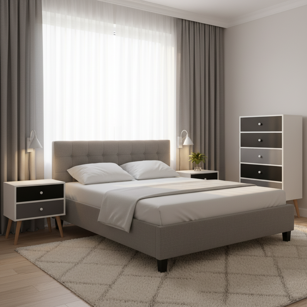 Derry Queen Bedroom Suite 5 Piece 1x Queen Mattress, 1x Queen Bed Frame Fabric, 2x Two-tone Bedside Tables and 1x Tallboy