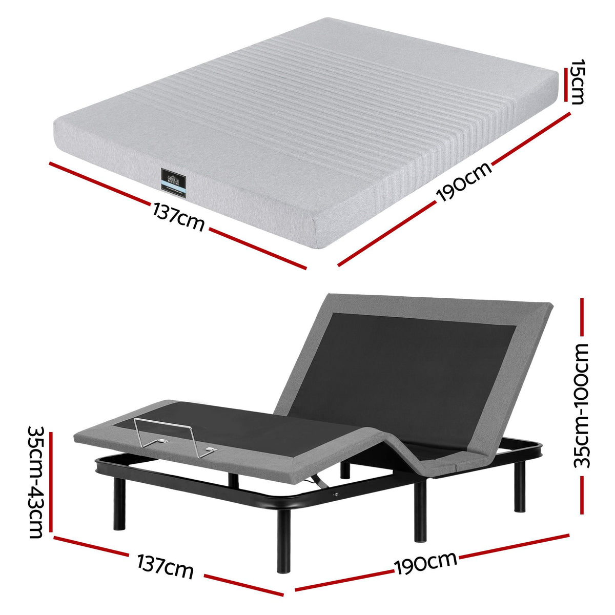 Shale Bed & Mattress Package with 15cm Mattress Memory Foam Electric Bed Base Zero Gravity - Black & Grey Double