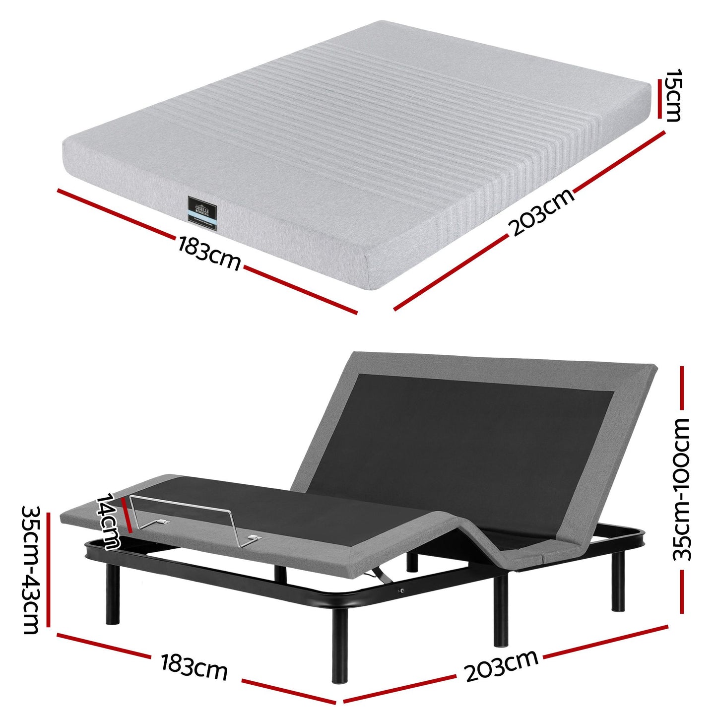 Shale Bed & Mattress Package with 15cm Mattress Memory Foam Electric Bed Base Zero Gravity - Black & Charcoal King