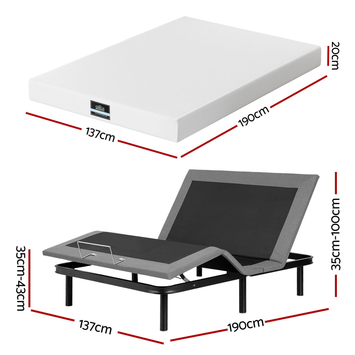 Shale Bed & Mattress Package with 20cm Mattress Mattress Adjustable Bed Base - Black Double