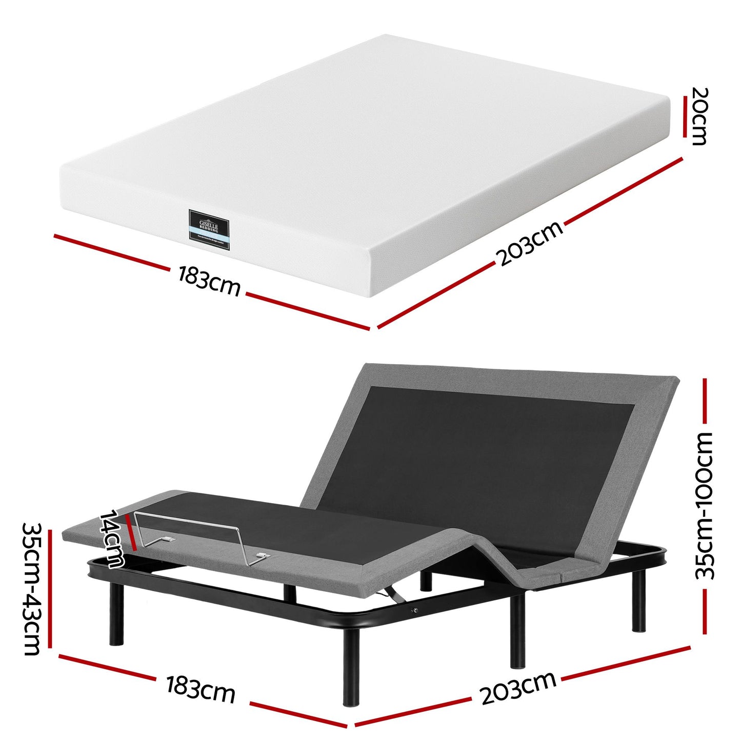 Shale Bed & Mattress Package with 20cm Mattress Mattress Adjustable Bed Base - Black King