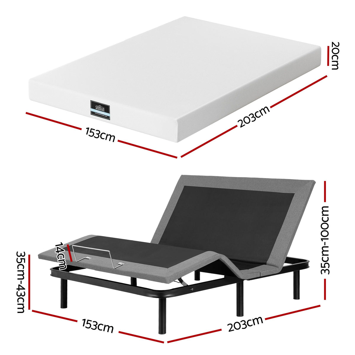 Shale Bed & Mattress Package with 20cm Mattress Mattress Adjustable Bed Base - Black Queen