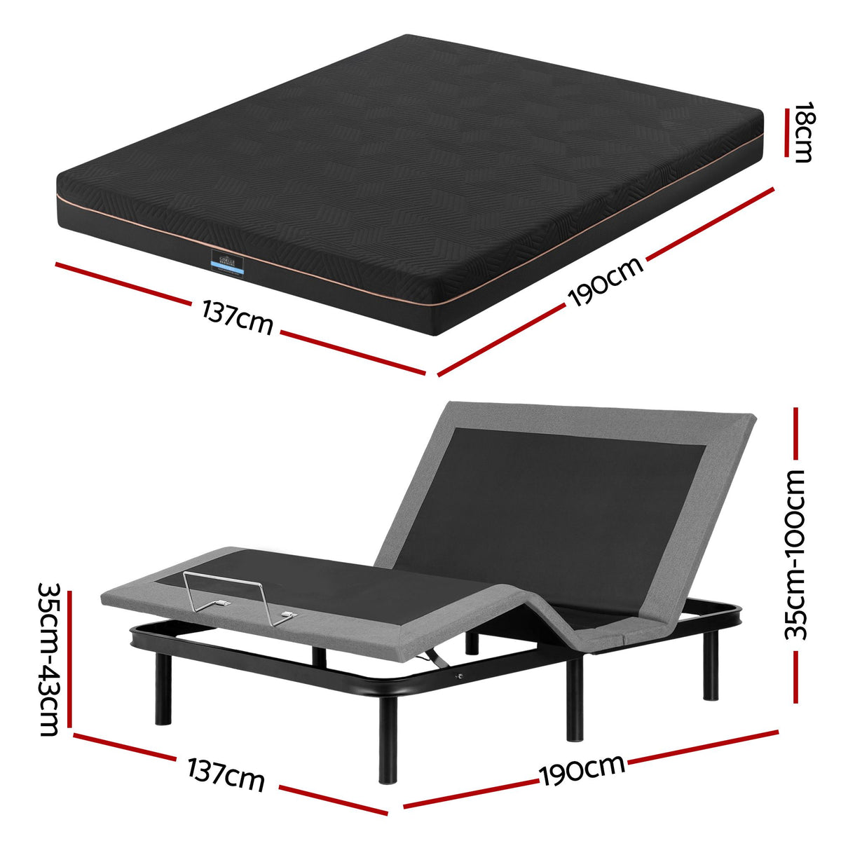 Shale Bed & Mattress Package with 18cm Mattress Mattress Adjustable Bed Base - Black Double