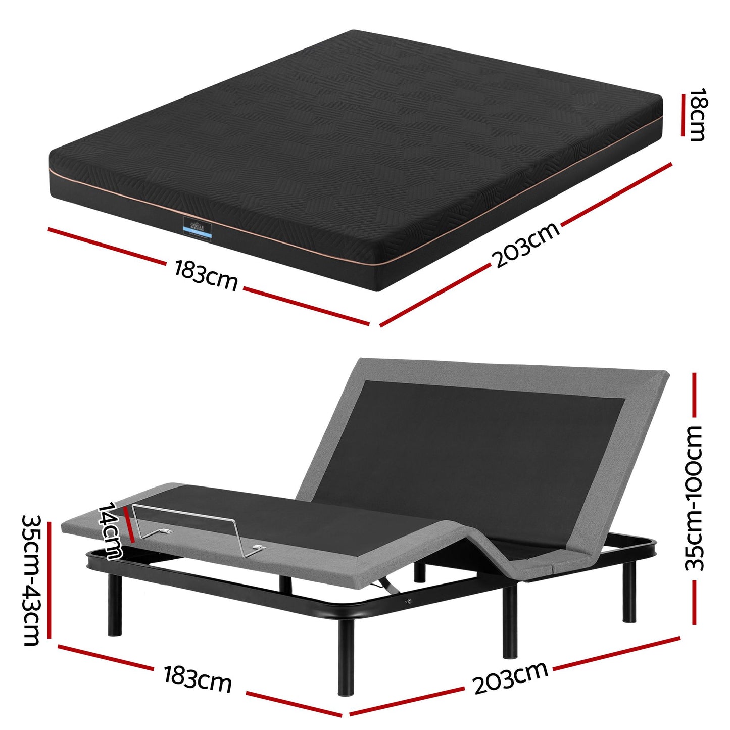 Shale Bed & Mattress Package with 18cm Mattress Mattress Adjustable Bed Base - Black King