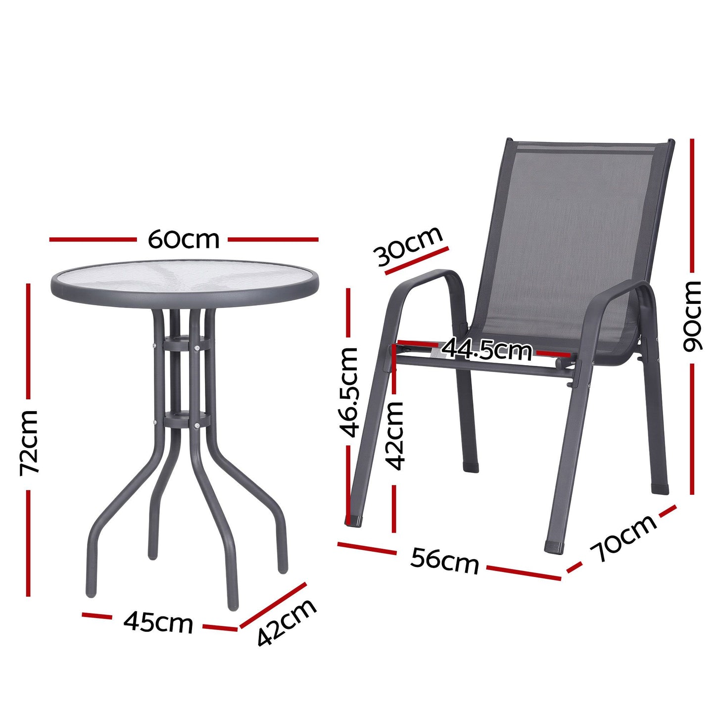 Roran 3-Piece Outdoor Bistro Set Table and Chairs Stackable Patio Furniture - Grey
