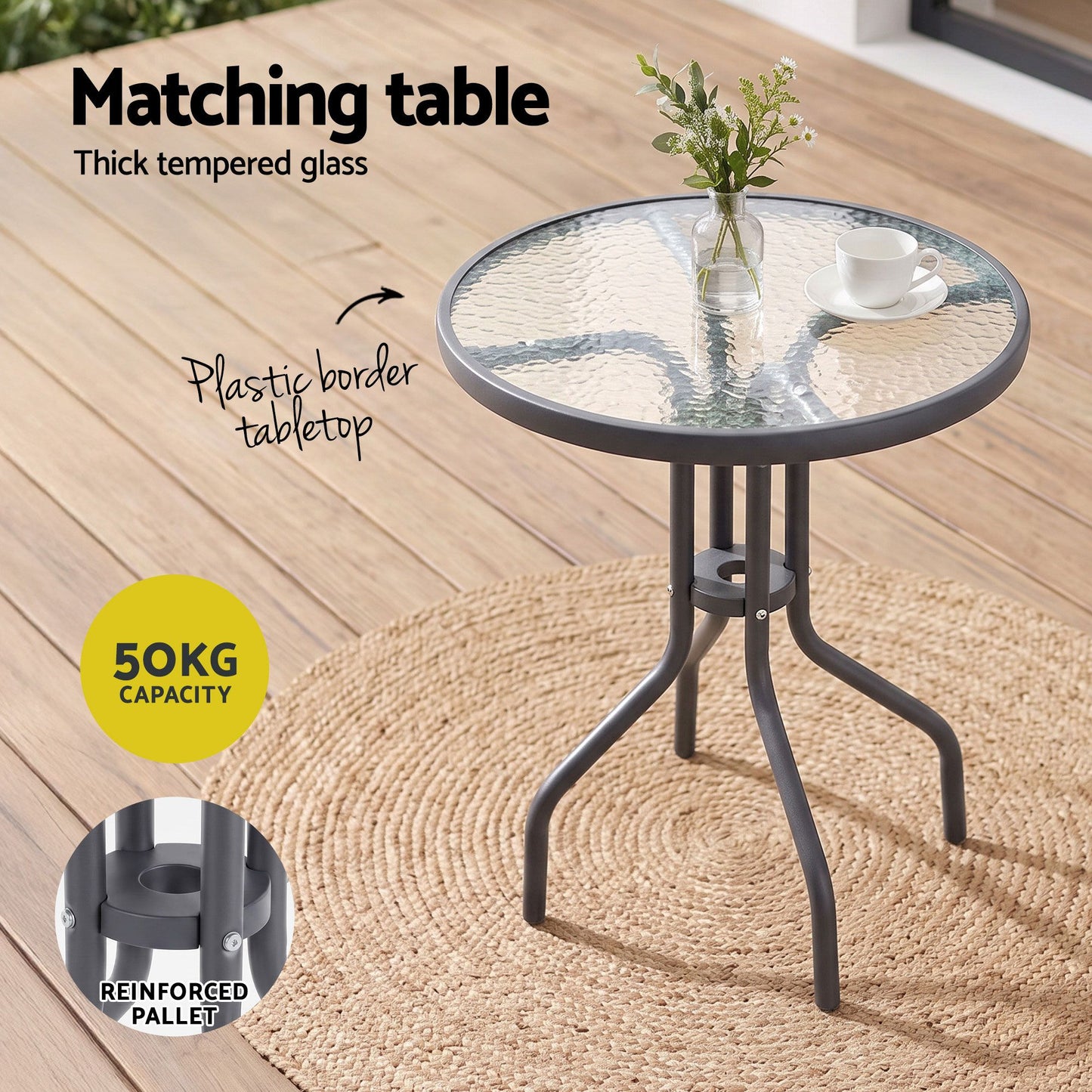 Roran 3-Piece Outdoor Bistro Set Table and Chairs Stackable Patio Furniture - Grey