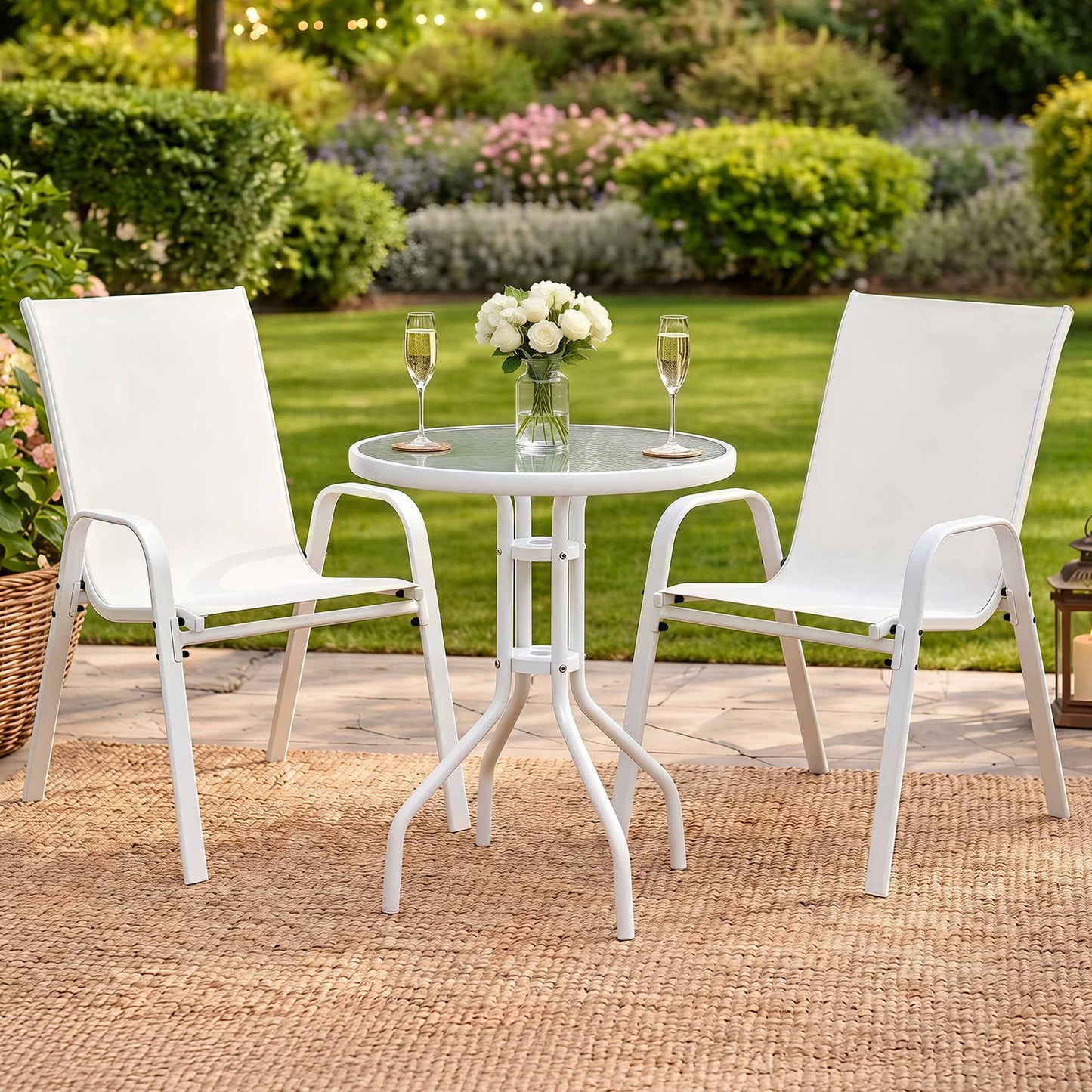 Roran 3-Piece Outdoor Bistro Set Table and Chairs Stackable Patio Furniture - White